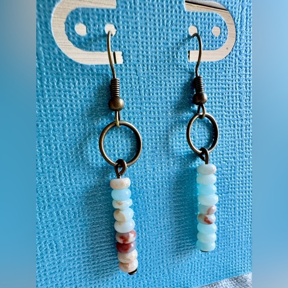 New Natural Blue Agate & Crazy Lace Agate Stacked Stone Beads Earrings - 2” - Picture 3 of 4